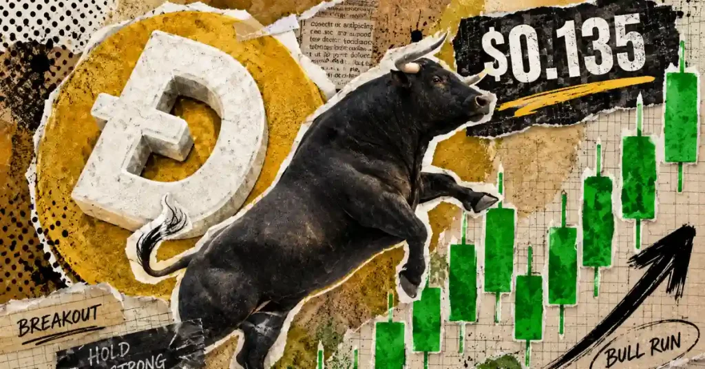 A charging black bull leaping over green candlestick charts toward a $0.135 price tag, set against a collage background with a large Dogecoin symbol and "Breakout" text.