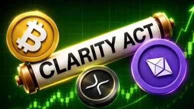 A 3D illustration featuring the logos of Bitcoin, Ethereum, and XRP positioned next to a "CLARITY ACT" sign and the U.S. Capitol building on a blue digital background.
