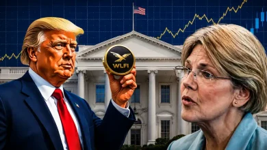 Senator Elizabeth Warren and Donald Trump facing each other in front of the White House, with a hand holding a gold WLFI crypto token and a stock chart in the background.