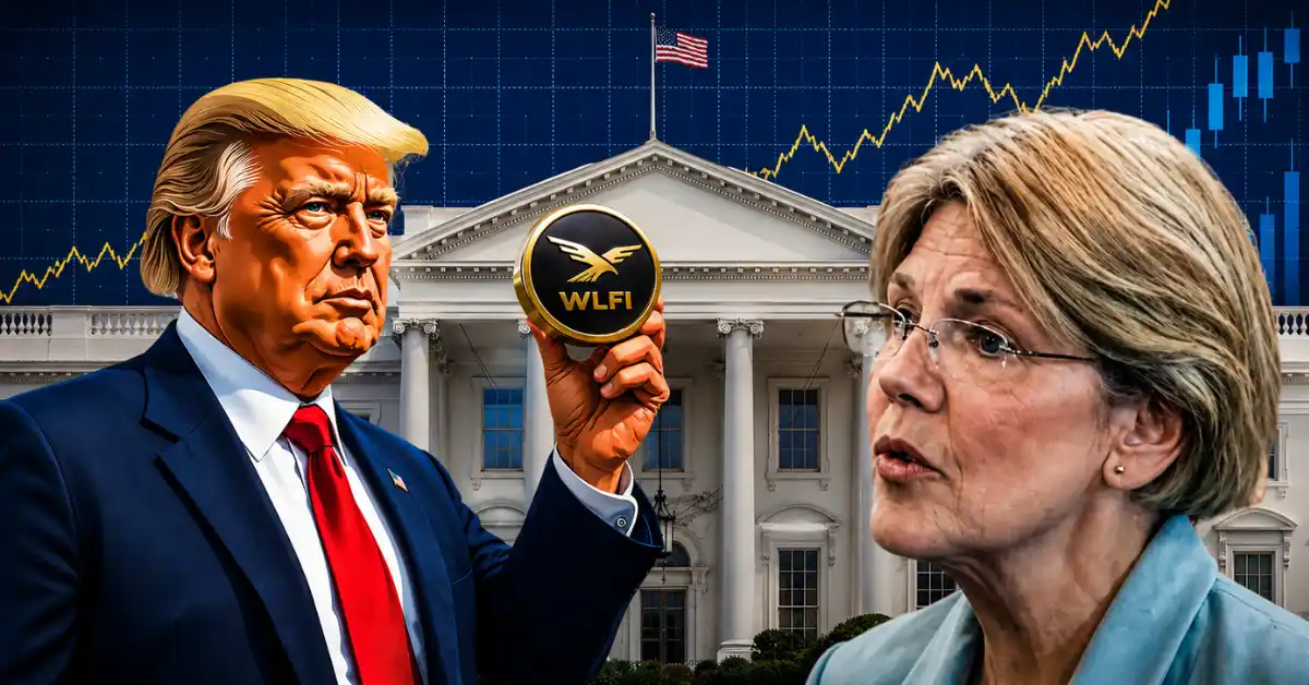 Senator Elizabeth Warren and Donald Trump facing each other in front of the White House, with a hand holding a gold WLFI crypto token and a stock chart in the background.