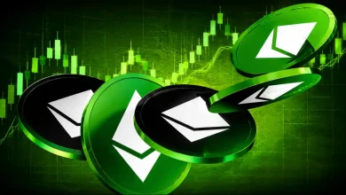 Several green and black Ethereum coins falling in front of a bullish green candlestick trading chart on a dark background.