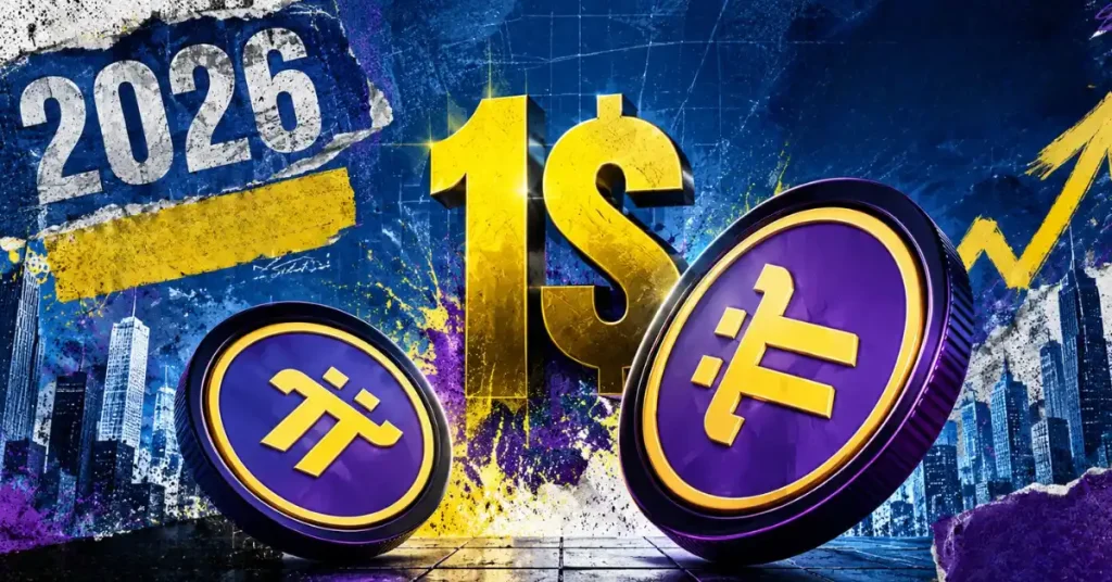 A large gold Pi Network (PI) coin with a green upward arrow and a $1 price tag against a dark digital background with glowing particles.