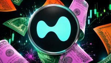 A 3D HYPE token logo with a bright pink "H" on a dark background, surrounded by green bullish trading charts and a "BUY" button.