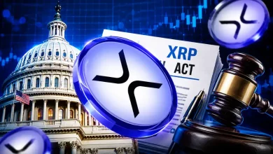 A silver Ripple XRP coin in the foreground with smaller Litecoin, Cardano, and Stellar coins behind it, set against a green bullish trading chart.