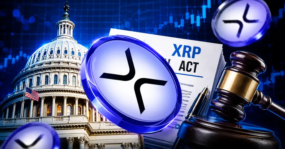 A silver Ripple XRP coin in the foreground with smaller Litecoin, Cardano, and Stellar coins behind it, set against a green bullish trading chart.