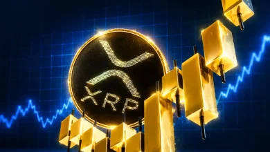 A charging black bull with glowing horns running past a large silver Ripple (XRP) coin toward a green upward-trending candlestick chart.