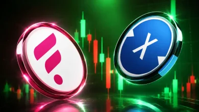The glowing logos of XDC Network and Flare (FLR) displayed side-by-side over an ascending green cryptocurrency market trading chart.