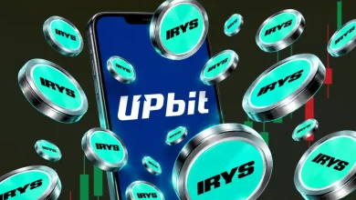 A colorful, geometric abstract logo for Irys token set against a dark background, flanked by a smartphone showcasing volatile trading green and red candles.