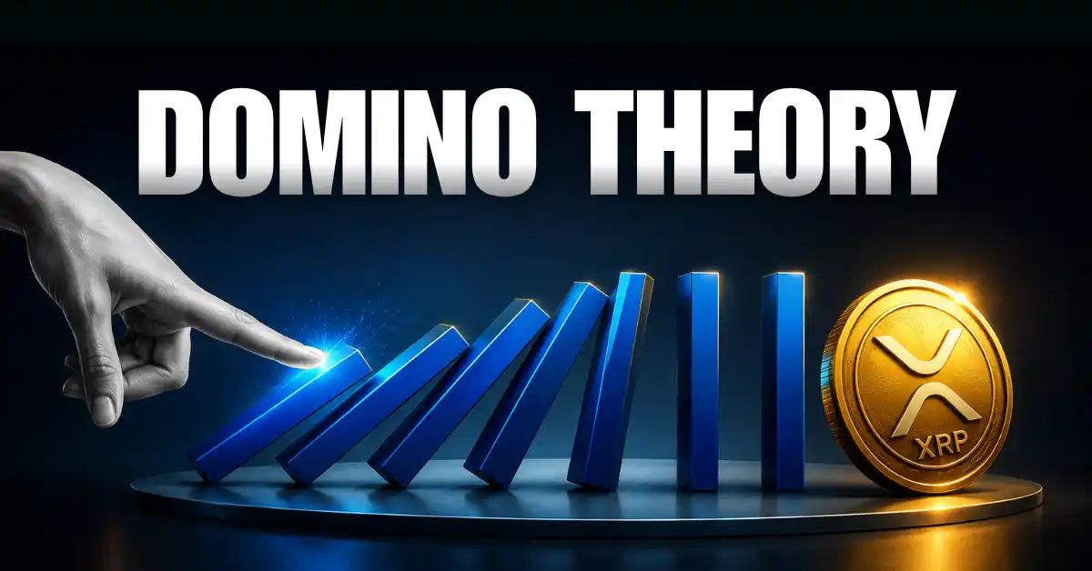 A line of black domino blocks falling forward, with the final domino transforming into a glowing silver Ripple (XRP) coin.