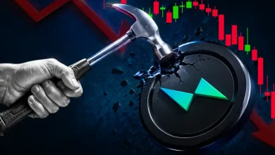 A hand holding a silver hammer smashing into a black metallic THORChain (RUNE) token, causing it to crack against a background of declining red candlestick charts.