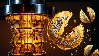 A complex, glowing gold quantum computer chandelier structure positioned next to multiple gold Bitcoin coins breaking apart into shattered fragments.