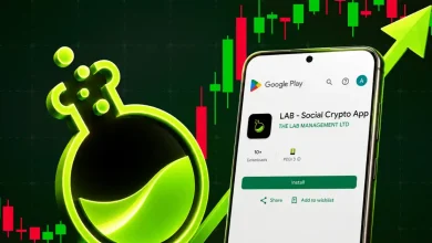 A 3D green laboratory flask icon next to a smartphone displaying the LAB Social Crypto App download page on Google Play, with an upward green trading chart in the background.