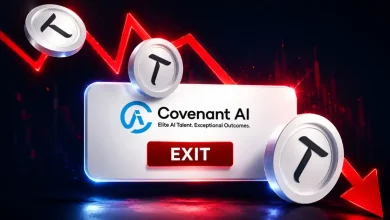 A gray Bittensor (TAO) logo token cracked down the center, set against a dark blue background with descending red candlestick trading charts.