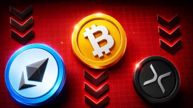 Glowing physical tokens of Bitcoin, Ethereum, and Ripple (XRP) sliding downward along a steep, descending red market candlestick chart.