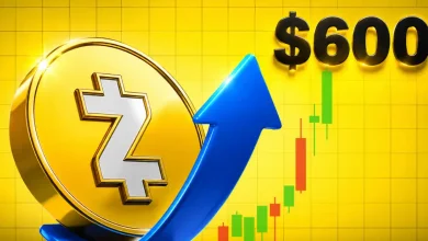 A glowing silver Zcash (ZEC) coin breaking through digital neon light barriers against an ascending chart background.