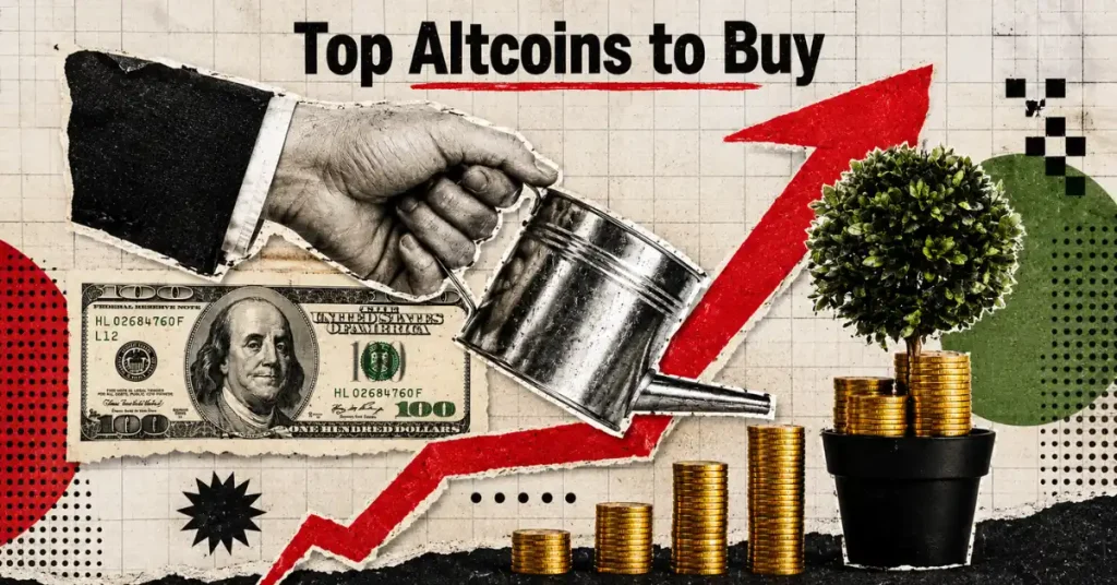 A digital illustration of a male crypto analyst pointing forward next to floating 3D icons of Ethereum, Solana, and XRP, set against a dark blue background with stock charts.