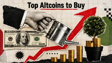 A digital illustration of a male crypto analyst pointing forward next to floating 3D icons of Ethereum, Solana, and XRP, set against a dark blue background with stock charts.