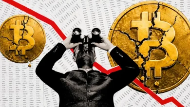 A collage featuring a man looking through binoculars framed by cracked golden Bitcoin coins and a descending red market trend line.