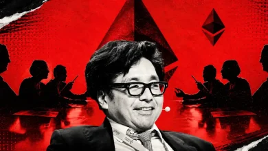 A collage featuring Tom Lee smiling with glasses, set against a dramatic red and black background with the Ethereum logo and silhouettes of people at a conference table.