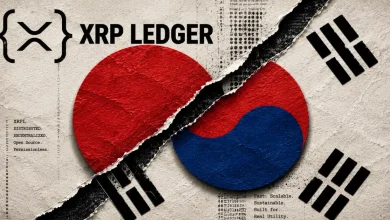 A creative design featuring the national flags of South Korea and Japan, with a large, glowing gold Ripple (XRP) coin centered between them.