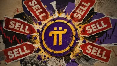 A dark background featuring a fractured, glowing purple Pi Network (PI) logo coin overlaying a sharp downward-trending red market graph.