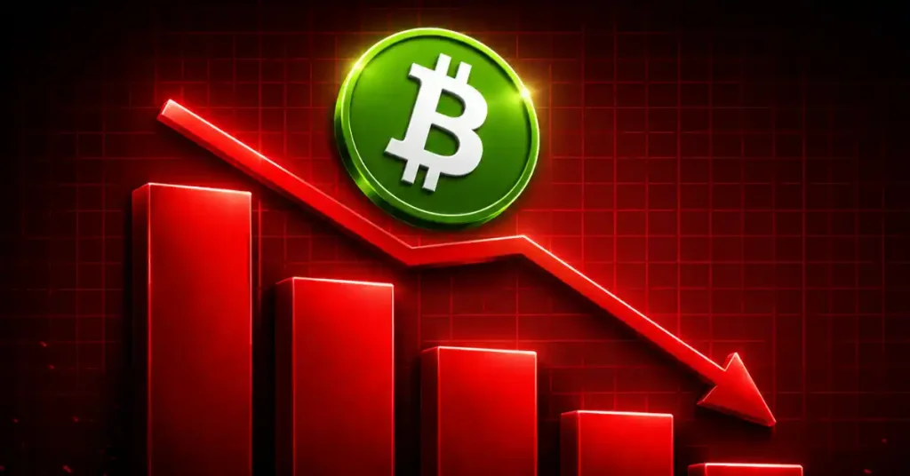 A fragmented green Bitcoin Cash (BCH) token breaking apart on a dark background featuring sharp downward red trading chart lines.