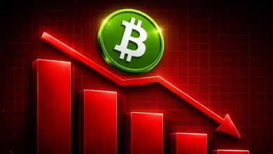 A fragmented green Bitcoin Cash (BCH) token breaking apart on a dark background featuring sharp downward red trading chart lines.