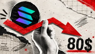 A dark background with descending red candlestick trading charts and a cracked, metallic purple and teal Solana (SOL) logo coin.