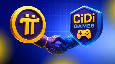 A 3D purple rocket ship launching upward alongside a smartphone displaying the CiDi Games application icon, set against a dark background with floating purple Pi Network symbols.