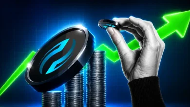 A 3D silver Injective (INJ) logo token floating above an ascending green market candlestick trading chart on a dark background.
