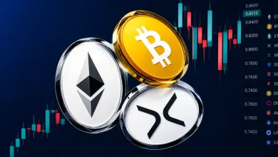 A central 3D silver and blue XRP token logo flanked by smaller Bitcoin and Ethereum coins, all floating above a dynamic blue tech background with rising market line graphs.