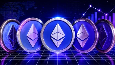 A 3D silver Ethereum logo token positioned on a glowing blue platform, set against a dark red backdrop displaying steady, horizontal market candlestick charts