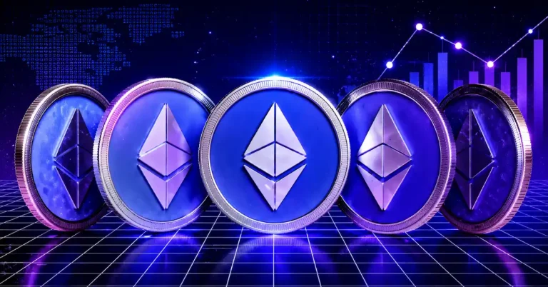 A 3D silver Ethereum logo token positioned on a glowing blue platform, set against a dark red backdrop displaying steady, horizontal market candlestick charts