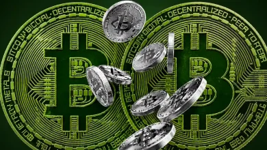A dark background with fluctuating financial trading chart lines and a central, bright golden Bitcoin coin split cleanly down the middle by a sharp vertical neon blue line.
