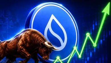 A fractured, cracked blue Sui (SUI) logo token split down the middle against a dark background with sharp downward-trending red market lines.