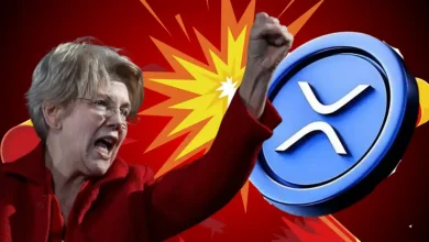 A creative collage featuring Elizabeth Warren speaking at a podium on a dark background, contrasted against a prominent silver XRP logo coin
