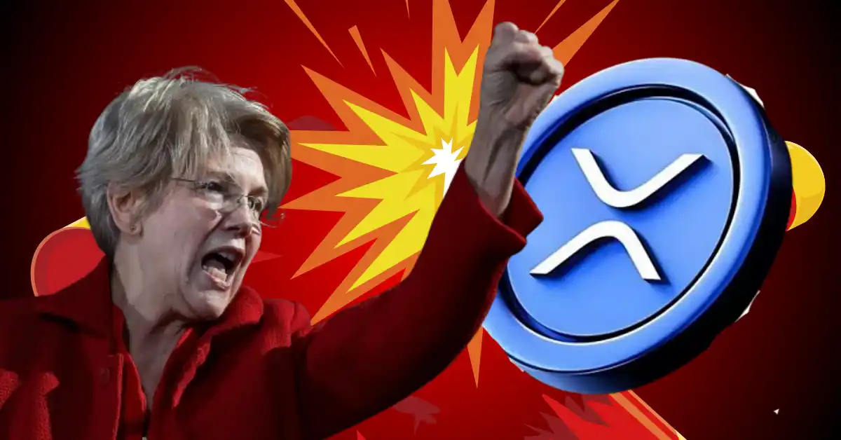 A creative collage featuring Elizabeth Warren speaking at a podium on a dark background, contrasted against a prominent silver XRP logo coin