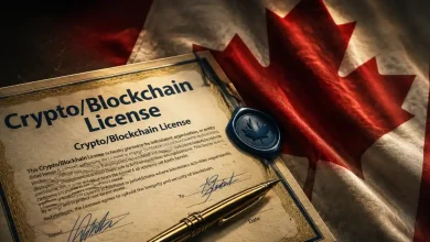 A glowing golden Bitcoin coin paired with a large red shield icon featuring a warning cross, set against a dark red digital tech background.