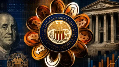 A dramatic digital illustration of the United States White House Building on a dark background, contrasted on the right side by a large, glowing golden Bitcoin coin.