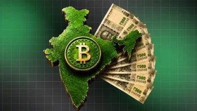 A central 3D golden Bitcoin token coin set against a stylized backdrop of the Indian national flag and institutional regulatory patterns.