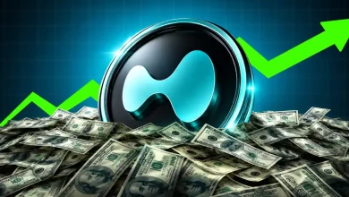 A 3D silver and purple Hyperliquid (HYPE) token coin floating next to a green neon target board displaying a 50 dollar sign on a dark tech grid backdrop.
