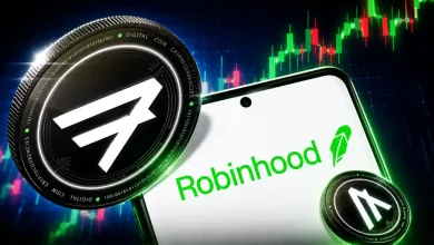 A sleek, 3D white and silver Algorand (ALGO) logo token floating above a bright green ascending market candlestick trading chart on a dark background.