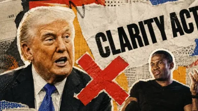 A dramatic collage featuring Donald Trump on the left and BitMEX co-founder Arthur Hayes on the right, separated by a sharp neon blue vertical line on a dark background.