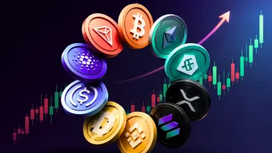 A dark red background displaying sharp downward-trending candlestick charts, contrasted by prominent floating 3D cryptocurrency logo tokens.