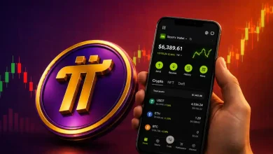 A 3D purple Pi Network token coin flying next to a glowing blue billboard featuring the OKX exchange logo on a dark digital network background.