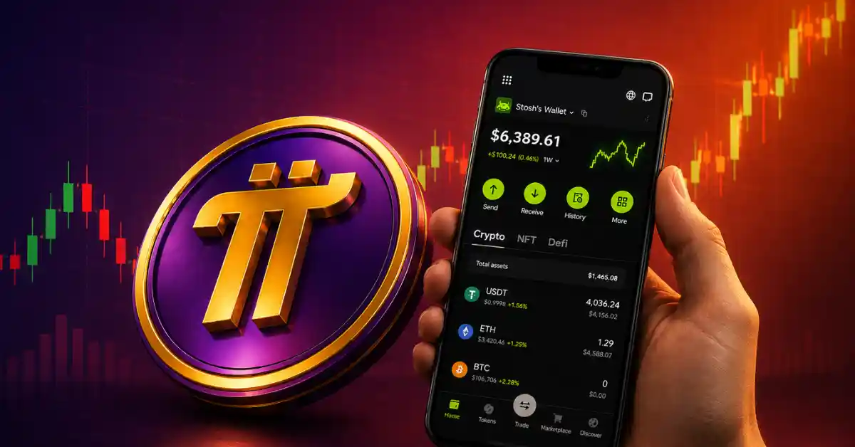 A 3D purple Pi Network token coin flying next to a glowing blue billboard featuring the OKX exchange logo on a dark digital network background.
