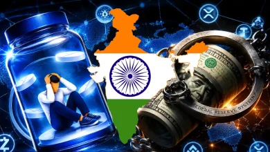 A prominent golden physical Bitcoin coin set against a dark red backdrop displaying stylized silhouettes of Indian law enforcement officials and institutional security graphics.
