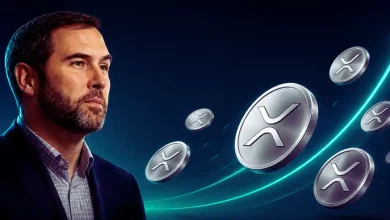 A professional portrait of Ripple CEO Brad Garlinghouse smiling against a dark blue background featuring subtle, abstract digital tech grid lines.