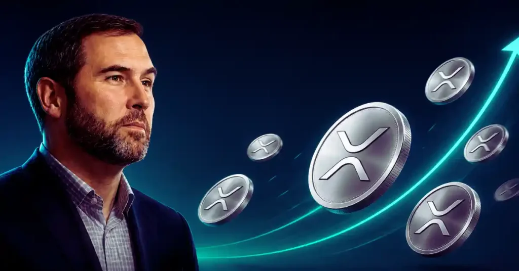 A professional portrait of Ripple CEO Brad Garlinghouse smiling against a dark blue background featuring subtle, abstract digital tech grid lines.