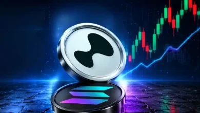 A 3D silver Hyperliquid (HYPE) logo token positioned higher than a purple Solana (SOL) logo token on a dark digital background with glowing green market metrics.